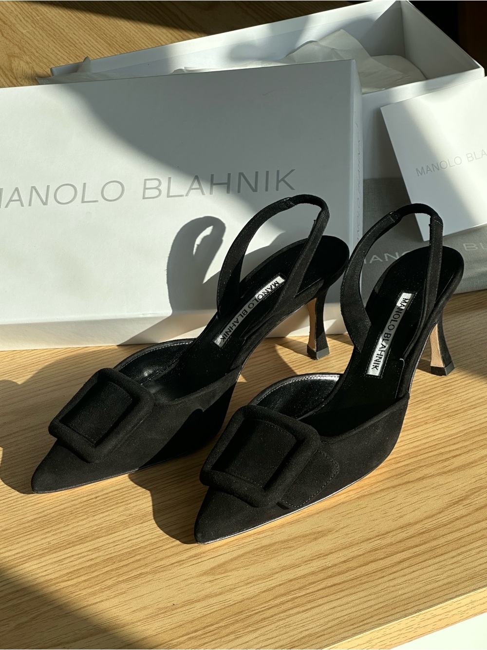 Manolo Blahnik Maysli 70 Black Suede Slingback Pumps 34.5 | Worn Once